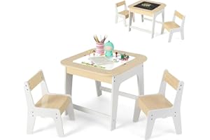 GYMAX Kids Table and Chair Set, Children Activity Desk with Removable Blackboard/Whiteboard Tabletop & Hidden Storage Space, Wooden Toddler Furniture Set for Drawing Playing Learning (Natural+White)