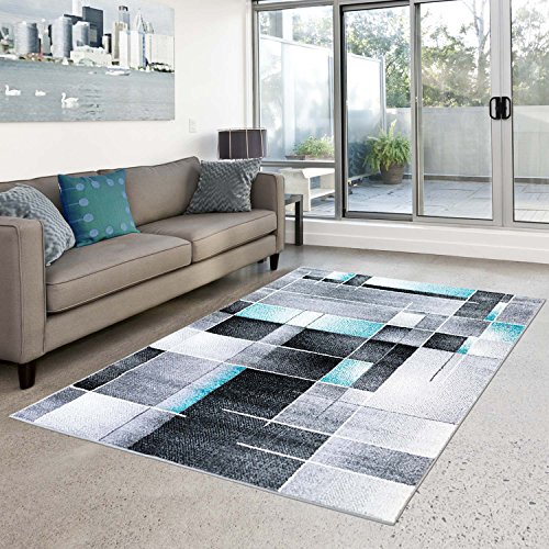 Teppich Moda Flachflor modernes Design Kariert Türkis Schwarz Grün Wohnzimmer, Größe in cm:140 x 200 cm;Farbe:Türkis
