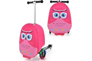GOPLUS 2 in 1 Kinderkoffer mit Roller, 26 Zoll Reisegepäck mit Eva-Gehäuse & blinkenden LED-Rädern, Klappbarer Scooter mit einziehbarem Lenker für Kinder ab 5 Jahre alt (Eule)