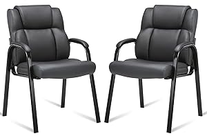 CLATINA Leather Guest Waiting Reception Chair with Padded Arm Rest and Thick Seat Cushion Comfy Stationary Desk Chairs for Office Home Conference Meeting Lobby Hall Side Break Room, Black, 2 Pack