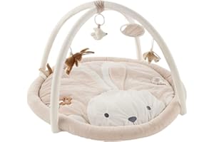 NOUKIE'S – Tapis d'Éveil Bébé Veloudoux Moka Le Lapin – Tapis d’Activités Sensoriel avec Jouets Suspendus – Motricité, Développement Éveil – Lavable Machine - Naissance - Cadeau