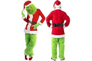NSASL Traje De Navidad For Adultos Grinch,Disfraz De Papá Noel De Lujo Con Máscara Fiesta Del Día De Navidad Disfraz De Baile 7 Uds