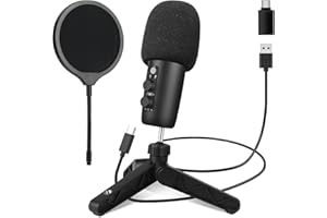 ChicSolis USB Mikrofon RGB Kondensatormikrofon Plug-Play: Gaming Mikrofon für PC Computer Android - Mit 3,5-mm-Kopfhöreranschluss,Drehregler zum Einstellen der Lautstärke