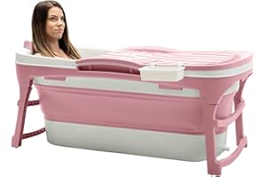 HELLO BATH HelloBath® Bañera Plegable L 128x60x58 cm para Adultos | Bañera Portátil con Cojín, Luz LED, Portajabón & Rodillos de Masaje | Baño de Hielo & Tina Exterior para Verano & Invierno | Rosa