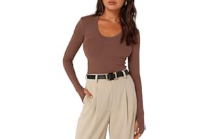 Fisoew Damska koszulka z długim rękawem, okrągły dekolt, rozciągliwa, jednokolorowa, prążkowana, krój slim fit, górna część z otworami na kciuki