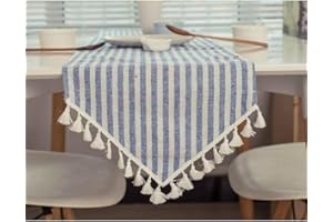 Meioro Camino de Mesa Manteles Rectangular Mantel Antimanchas Mantel para Mesa de Lino Striped Tassel Tablecloth La decoración del hogar es Adecuada(Rayas Azules/Blancas, 30×200cm)