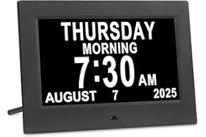 Golony 7-inch Large Dementia Alarm Clock.Displays month,day and time.Large-digit alarm clock.12 alarm groups.Auto-dimming.Suitable for elderly users.Black.