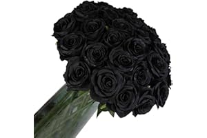 Laelfe 12 Pcs Halloween Artificial Black Roses, 21in Realistic Single Long Stem Silk Black Flowers Fake Rose Bridal Bouquet for Halloween Wedding Home Party Arrangment Hotel Garden Decoration