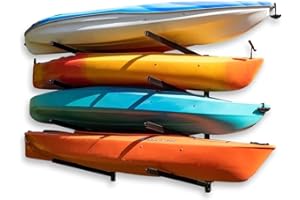 STOREYOURBOARD Outdoor 4 Kayak Storage Rack Wall Mount, Holds 400 Lbs, All Weather HeavyDuty Metal Organizer, Adjustable Levels
