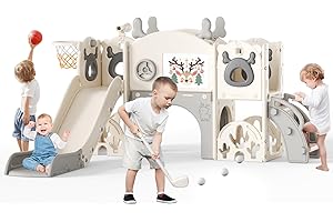 Lischwert Kids Slide 7 in 1 Toddler Slide, Indoor and Outdoor Slide Set with Golf Set, Drawing Board, Slide and Basketball Hoop, Telescope, Great for Toddler (Gray 7-in-1)