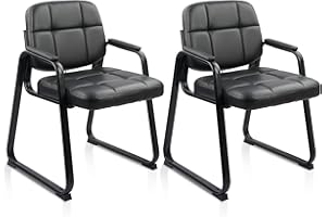 CLATINA Guest Waiting Reception Chair with Bonded Leather Thick Cushion and Padded Arm Rest, Sled Base Stationary Desk Chairs for Office Conference Meeting Lobby Hall Side Break Room, Black, 2 Pack