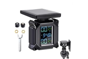 DOYFAY Tyre Pressure Monitor, Solar Power Motorcycle TPMS Wireless Tyre Pressure Monitoring System, IP65 Waterproof Motorbike Tire Pressure Monitor Sensor with Time Display & 2 External Sensors