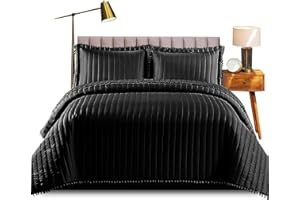 B&B Quilted Bedspread Single Bed Throws for Room Decor - Quilted Fabric Embossed Striped Pattern Reversible -185x240 cm Black Quilt Bedspreads Coverlets with Hypoallergenic Pillow Cover