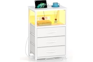 ‎ROLANSTAR Rolanstar Nachttisch mit LED, Nachtschrank mit 3 Schubladen, Beistelltisch mit Ladefunktion, Platzsparend & Einfach Montiert für Schlafzimmer, Geeignet für Wohnzimmer, Weiß