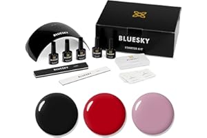 Bluesky Kit de démarrage pour vernis à ongles gel, avec lampe LED UV 24 W, 3 vernis à ongles gel de 10 ml, lingettes nettoyantes, couche de finition et de base, lime à ongles et tampon