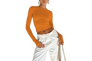 OYIGELZ Langarmshirt Damen Basic T-Shirt Langarm Crop Top Y2K Slim Fit Oberteile Casual Rundhals Tee Shirt