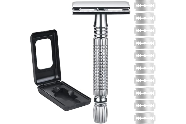 URAQT Rasoir De Sûreté Homme, Rasoir de Sécurité à Double Tranchant, Rasage Manuel à Long Manche avec 10 Lames de Rasoir de Sécurité en Acier Inoxydable pour Le Visage et le Corps, Argent