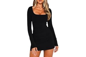 Navneet Women Square Neck Mini Dress Ruched Long Sleeve Dress Sexy Bodycon Dresses Cocktail Party Dresses Club Going Out