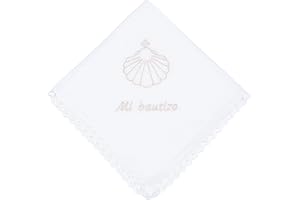 CARREDANA Pañuelo de bautizo de lino bordado en una esquina.Cuadrado 36x36cm.Distintos colores. Toalla bautizo-Regalo (Concha beige)
