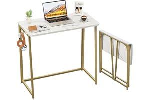 WOHOMO Kleiner Schreibtisch Klappbar 80 cm, Klappschreibtisch für Kleine Räume, Faltbarer Tisch Platzsparender Büro Computertisch, Weiß und Gold