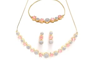 Zeneme Gold Plated Red & White American Diamond Studded Necklace With Earring Bracelet and Ring Combo Jewellery Set For Women