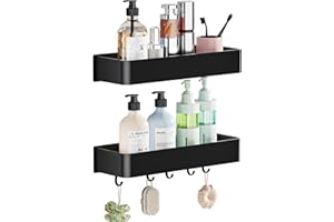 Wisfame Duschablage ohne Bohren, 2 Stück Aluminium Badezimmer Organizer mit 5 Haken, Wasserdichter, Rostfrei und Langlebige Shampoo Halterung Duschregal, Schwarz