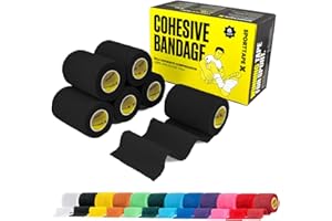 SPORTTAPE 6 Rolls Self-Adhesive Cohesive Bandage, 7.5cm x 4.5m, Black - Compression Tape & Vet Wrap for Dogs, Horses, Sports Stretch Tape for Football, Ankles, Joints, Fingers, Wrists & Sock Tape