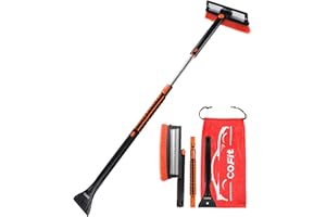 COFIT 3 en 1 Brosse Neige Voiture avec Manche Longue Rétractable, 127cm Grattoir Pare Brise Rotation à 270, Raclette Vitre Auto, Gratte Glace Outil Déneigement Rayures pour SUV Camion RV, Orange