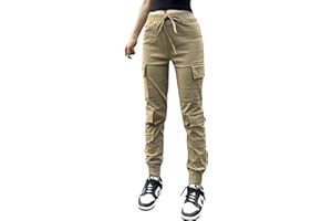 Nuofengkudu Petite Pantalones Cargo Mujer Elasticos Harem Pantalon con Bolsillos Stretch Cintura Tobillo Chica Joven Punk Deportivo Jogging Hip Hop Moda Casual