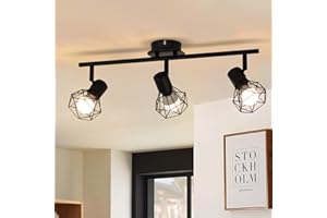 Glitzerlife Black Ceiling Lights 3 Way Ceiling Spotlight - Kitchen Light Ceiling Rotatable Adjustable 350°Swivelling Vintage Metal Cage E14 Industrial Ceiling Lighting for Living Room Bedroom No Bulbs