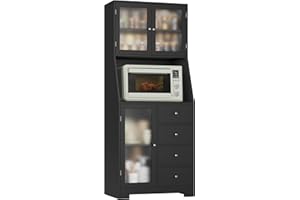 HOCSOK Tall Kitchen Cupboard, Tall Storage Cabinet with 3 Doors and 4 Drawers, Tall Cabinet Kitchen for Living Room, Dining Room, Bar, Black