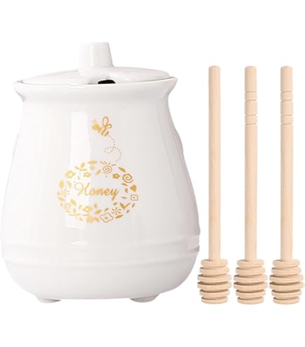 Lot De 2 Pots à Miel En Céramique 350 Ml Avec Cuillère En Bois Abeille - Rangement Miel, Sucre, Confiture - Cadeau Mignon Pour Cuisine Ou Décoration
