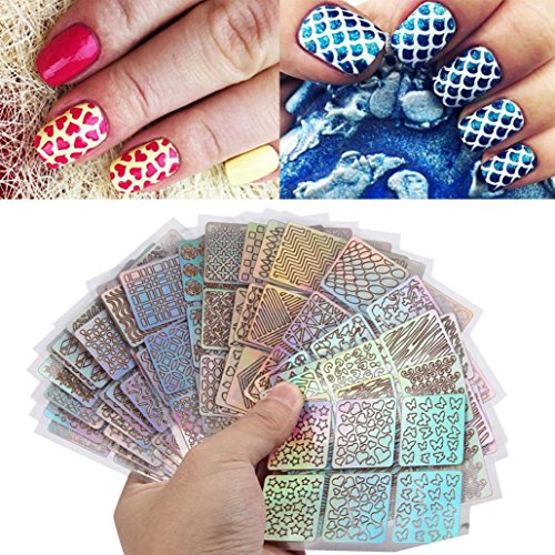 Preisvergleich Produktbild Maniküre Aufkleber, ESAILQ 24 Blätter Neue Nail Hollow Unregelmäßige Raster Schablone Wiederverwendbare Maniküre Aufkleber Stamping Schablone Nail Art Tools