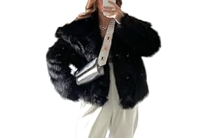 FZKUN Giacca corta da donna in finta pelliccia a pelo lungo, con maniche lunghe e bottoni, calda, invernale, con tasche