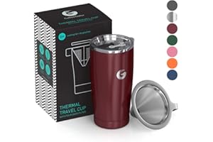 Coffee Gator Insulated Coffee Cup with Paperless Filter, All-in-One Hand Drip Coffee Maker with Filter, Thermal Stainless Steel Travel Cup for Hot Drinks - 585ml / 20oz (Red)