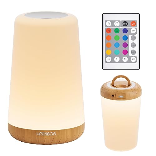 UPXNBOR Night Light, LED Touch Bedside Table Lamp with Remote Control Dimmable Light, 13 RGB Colours and 5 Brightness Levels, Timer, Hook, USB Rechargeable, Portable Lamp for Bedroom, Living Room