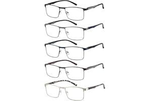 JM 5 Pack Gafas de Lectura Hombre, Rectangulares Gafas Presbicia Luz Azul, Metal Acero Inoxidable Bisagra de Primavera