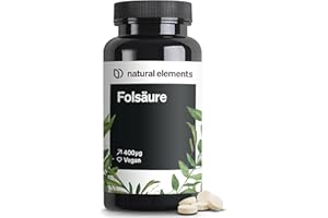‎NATURAL ELEMENTS natural elements Folsäure – 400 Tabletten – 400 mcg pro Tagesdosis – Kinderwunsch und Schwangerschaft – vegan, hochdosiert, ohne unnötige Zusätze – in Deutschland produziert & laborgeprüft