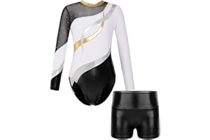 ranrann Enfant Fille Justaucorps Gymnastique Brillant avec Short Ensemble Danse Gym Strass Costume Spectacle 5-16 Ans