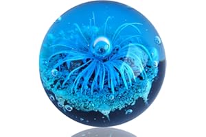 EUSTUMA Statuetta in vetro soffiato a mano con fiore blu, sfera di vetro blu fermacarte, ornamento di piante marine per acquario, collezione di piante marine per regalo di compleanno
