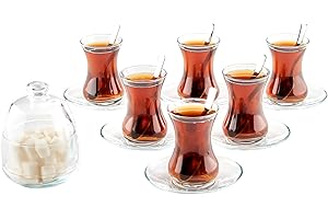 GOSOYO Le Service à thé Turc Traditionnel 19 Pièces Comprend; 6 Verres Tasses à Thé (135ml/4.5 oz), 6 Soucoupes, 6 Cuillères en Acier Inoxydable et Sucrier avec Couvercle en Verre (255ml/8.6 oz)