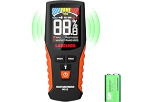 Misuratore di Umidità del Legno Senza Perno, LASELION Rilevatore di Umidità con Batteria e Display LCD, 4 Modalità di Misurazione Non Distruttivo per Pareti in Legno da Ardere Materiali da Costruzione