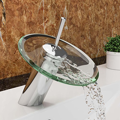 VILSTEIN© Waschtisch-Armatur Einhebelmischer Einhand Wasserhahn mit Wasserfall-Effekt Armatur für Bad Badezimmer Waschbecken, Verchromt, Glas-Auslauf, Hell-Grün, Standard Anschluss 1/2"