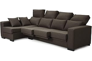 Tanuk Sofá Chaise Longue 4 Plazas Marrón LYTIR Izquierda 273x145 con Respaldo Reclinable Asientos Extensibles Sistema de Limpieza ACUALINE Desenfundable