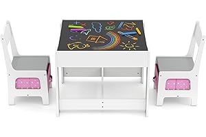 Maxmass 3PCS Kids Table and Chair Set, Wooden Toddler Play Table with Removable Double Side Tabletop, Storage Boxes, Children Activity Desk Set for Eating Drawing Reading Learning (Grey+Pink)