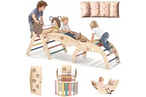 Freelawn Klettergerüst Indoor,Holz Montessori Kletterdreieck mit Rutsche, Bogen，Leiter&Spielmatte ，für Kinder ab 1 Jahr (farbig)​