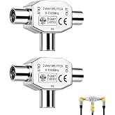 2-Way TV Antenna Distributor, Coaxial T-Splitter, Coaxial Adapter in 2 IEC Female and 1 Male Input, Antenna Duplicator, Metal