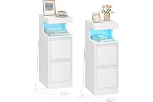 Hzuaneri Zestaw 2 Stolik Nocny z LED, Stolik Nocny z 2 Szufladami, Stolika Nocnego z otwartą Komorą w kształcie Litery U, Regulowane oświetlenie, do Sypialni, Salonu, 30 x 24 x 65 cm Biały NS39213X