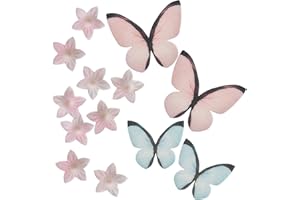 Dekora - Jadalne Dekoracje Waflowe Blister z Mini Różowymi Kwiatami i Różowo-Niebieskimi Motylami - 38 Sztuk do Dekoracji Babeczek i Tortów