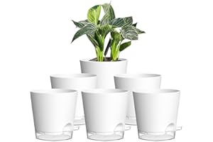 Homeuouz 6er Set Selbstbewässerungstopf – 15cm Blumentopf mit Bewässerungssystem, selbstwässernder Blumentopf in Matter Optik, für Balkon & Innenbereich, Weiß mit klarem Untersetzer